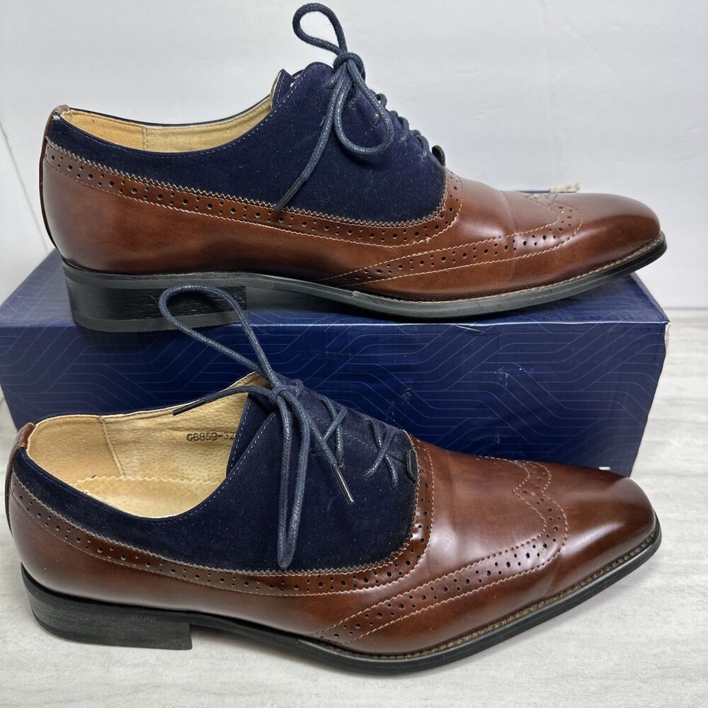 Gino Vitale Men’s Lace Up Wingtip Oxford Dress Shoe Two tone Brown Navy Suede 12
